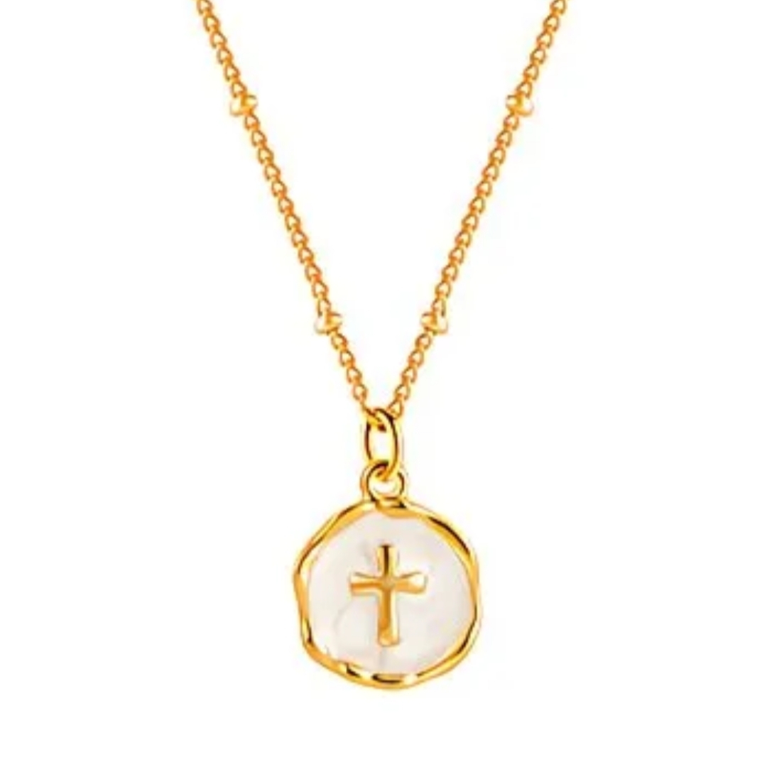 18 Kt Gold Over Titanium Gold White Cross Pendant Necklace